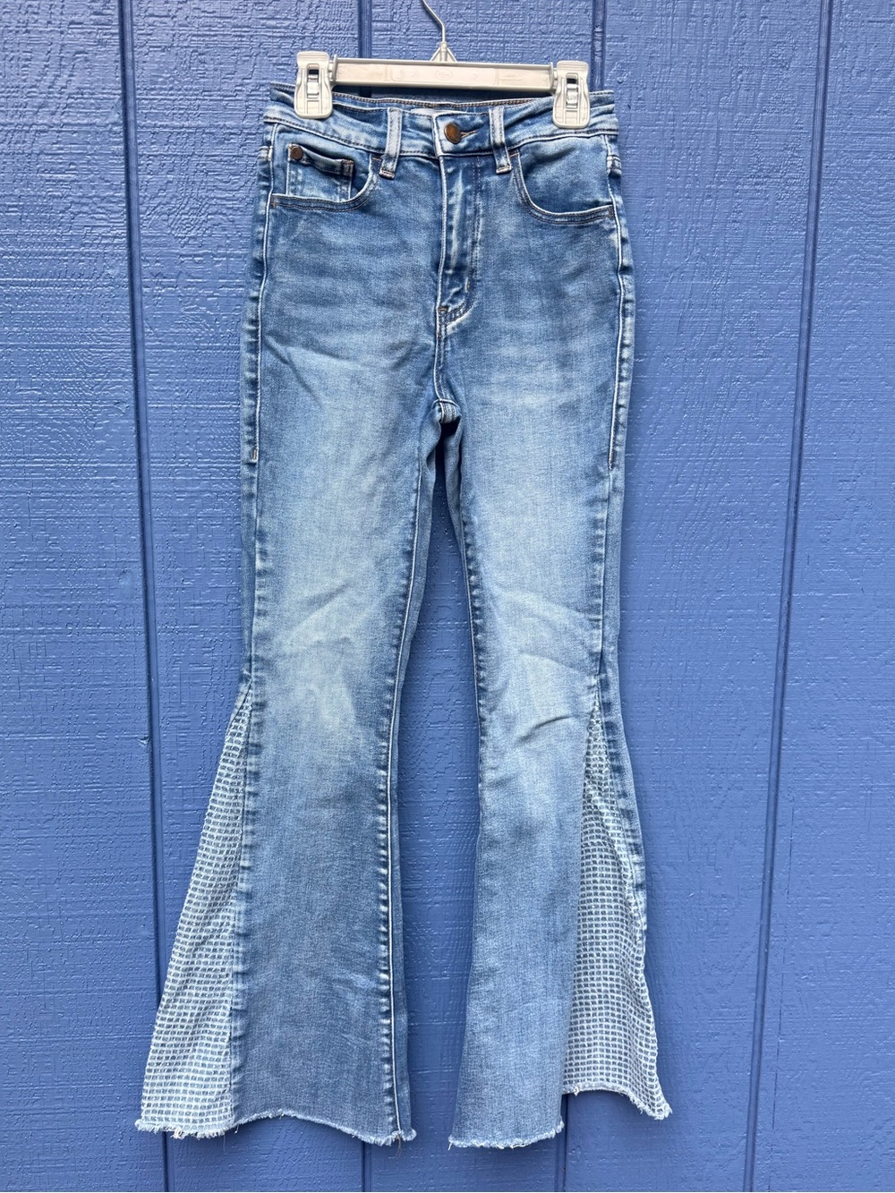 Light Blue Flare Jeans with Textured Side Panels - Women's